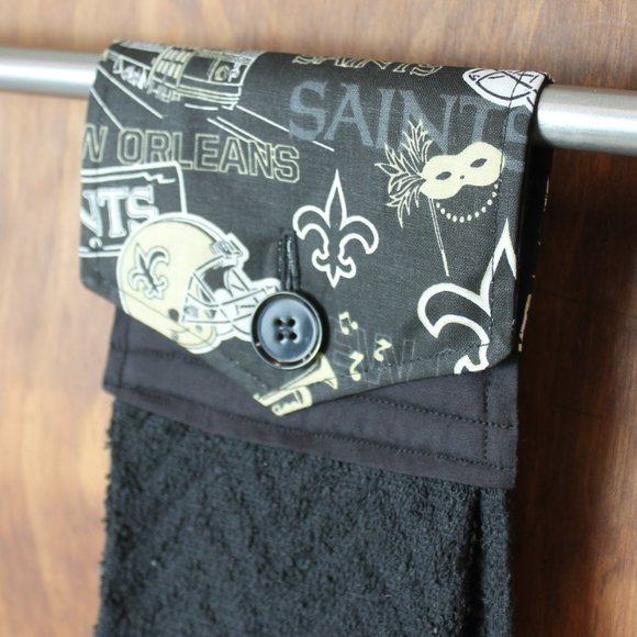 NEW ORLEANS SAINTS BLACK HANDMADE HANGING HAND TOWEL BLACK COTTON HAND TOWEL - Picture 3 of 4